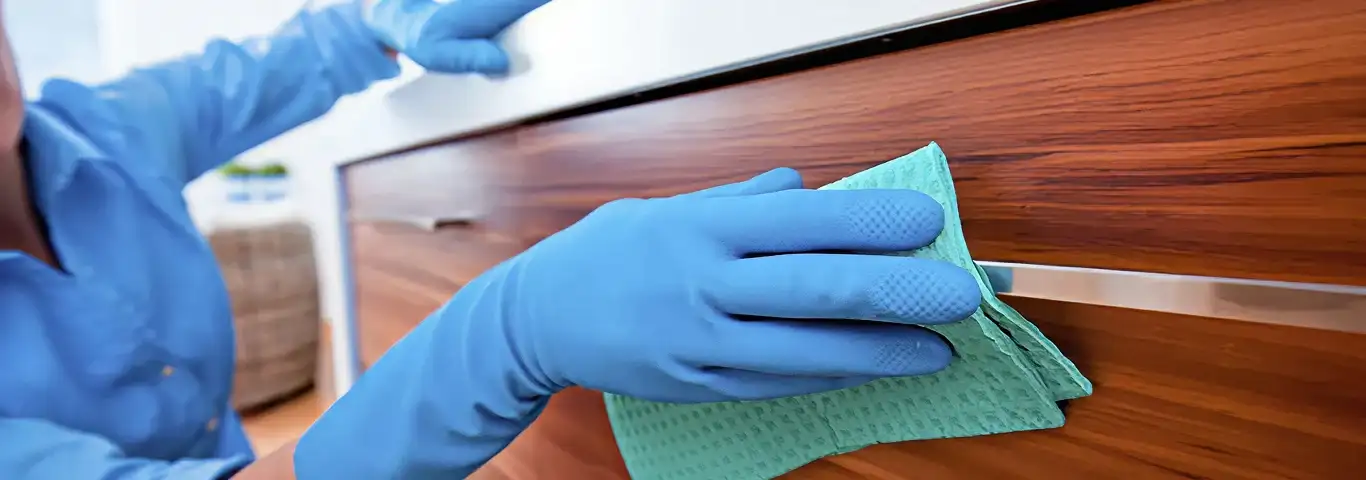 Cleaner wearing blue gloves wiping a wooden cabinet drawer with a microfiber cloth for dust and grime removal, Newark, NJ.
