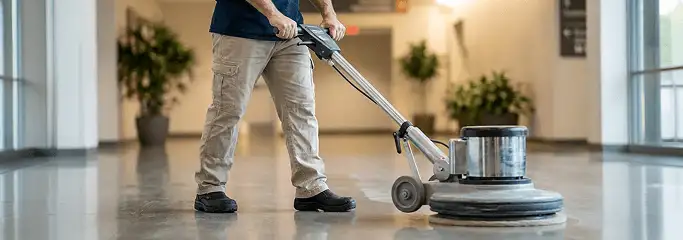 Professional technician using an industrial floor buffer to polish and maintain shiny commercial flooring in a corporate hallway in Newark, NJ.