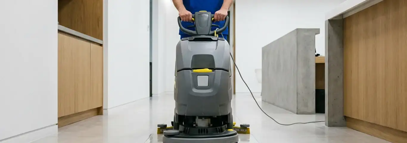 Janitorial staff using a floor scrubber machine to clean a commercial hallway, Newark, NJ.