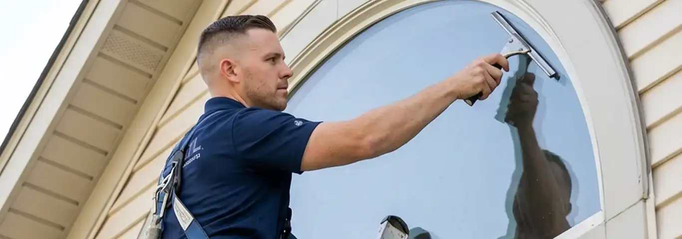 Professional window cleaner using a squeegee to clean an exterior arched window on a home, Newark, NJ.