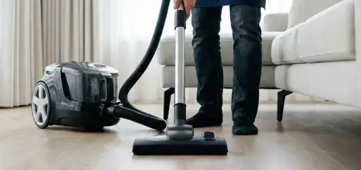 Professional house cleaner vacuuming a living room floor with a canister vacuum cleaner, Newark, NJ.