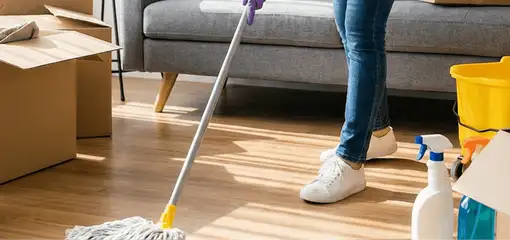 Move-out cleaning setup with a cleaner mopping hardwood floors near moving boxes and cleaning supplies, Newark, NJ.