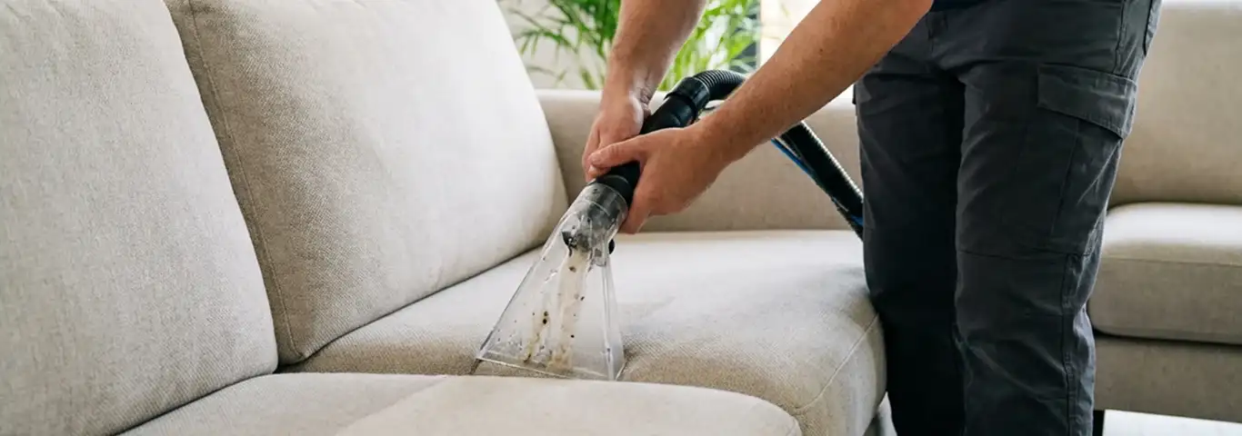 Technician extracting dirt and moisture from a fabric sofa with an upholstery cleaning wand, Newark, NJ.