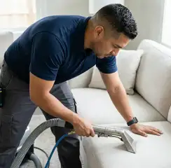 Professional upholstery cleaning technician using an extraction wand to deep-clean a fabric sofa, Newark, NJ.