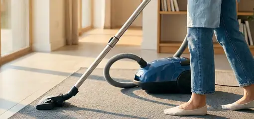 Person vacuuming a living room rug with a canister vacuum cleaner near large windows, Newark, NJ.